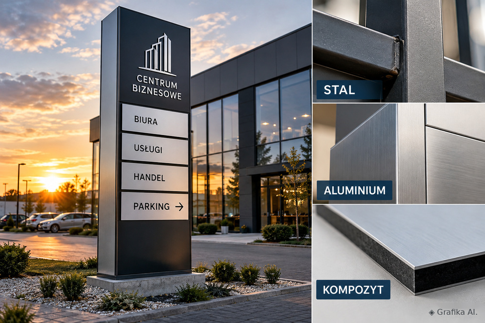 Pylon reklamowy oraz detale stali, aluminium i kompozytu – grafika AI