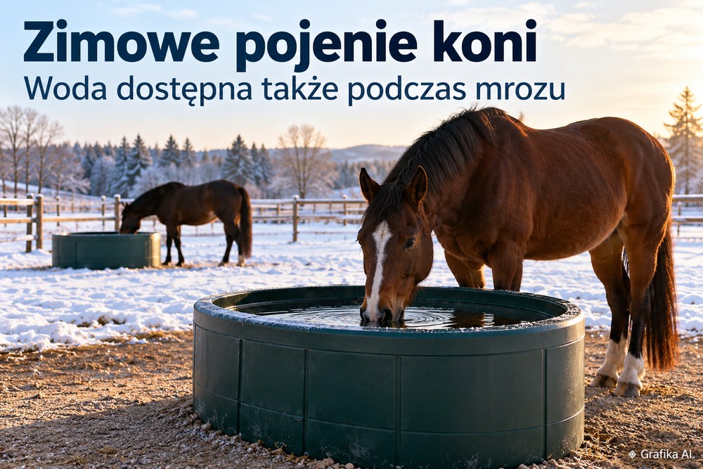 Konie pijące niezamarzniętą wodę z dwóch zbiorników na zimowym padoku – ilustracja AI