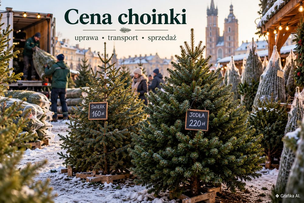 Choinki na zimowym targu z cenami świerka i jodły